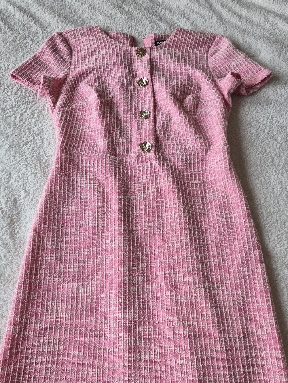 Karl Lagerfeld Pink Tweed Short-Sleeve Dress with Gold Buttons